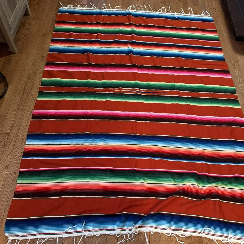 Large Mexican Saltillo Serape Fringed Blanket 60